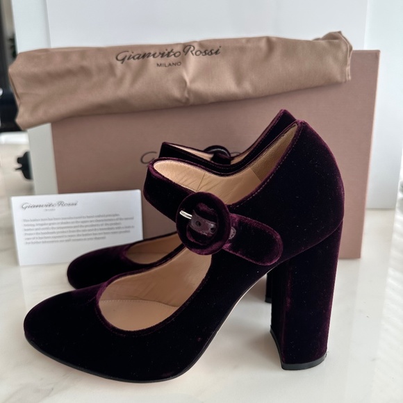 Gianvito Rossi Burgundy Velvet Mary Jane Pumps Heels - Picture 4 of 9